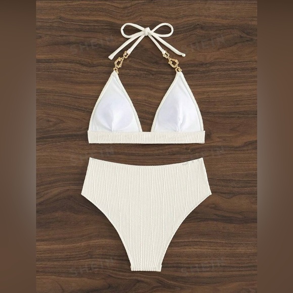 Textured Halter Neck Two Piece Bikini Swimsuit Set-Beige - Picture 2 of 3